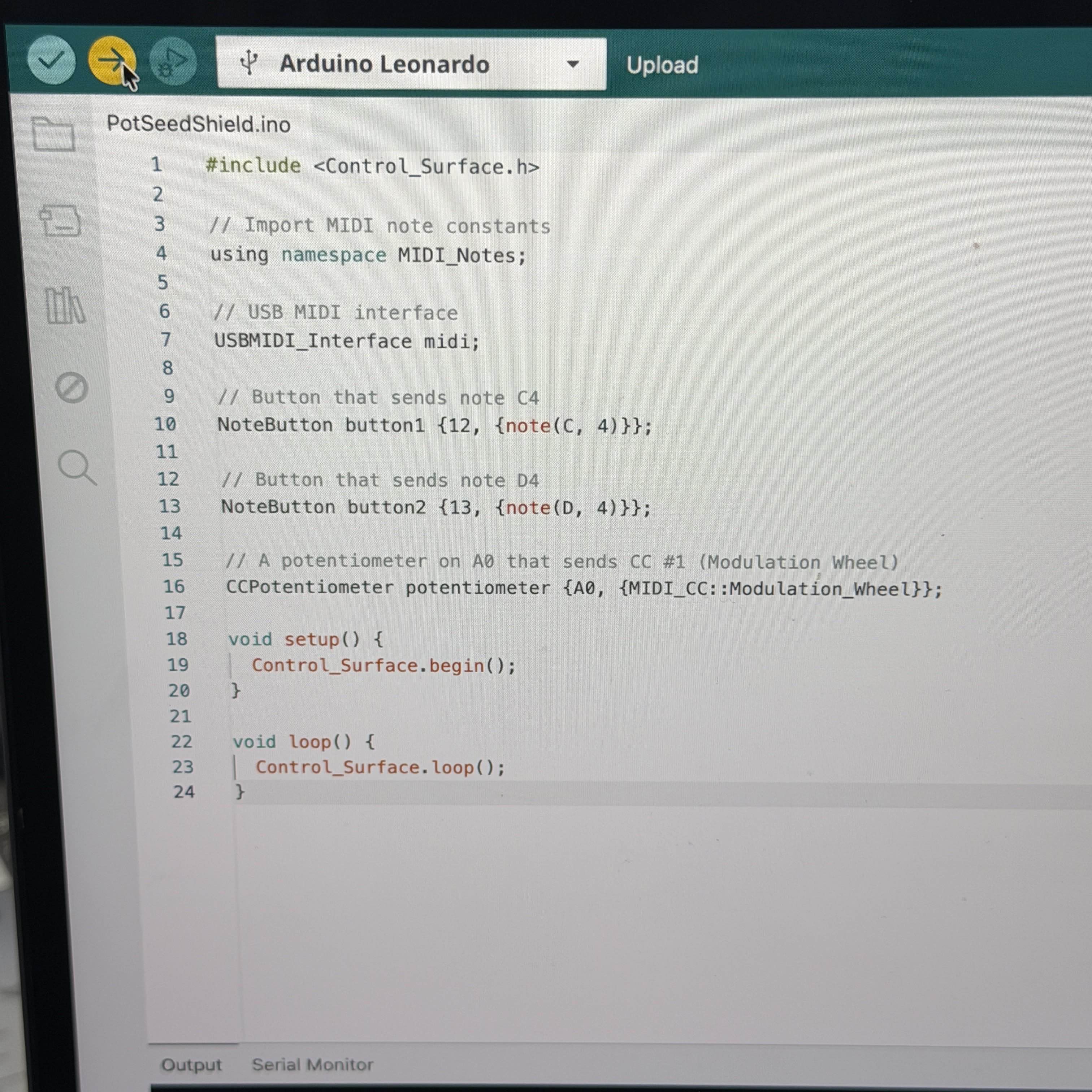 The code I used for sending Note On and CC messages from the buttons and potentiometers.