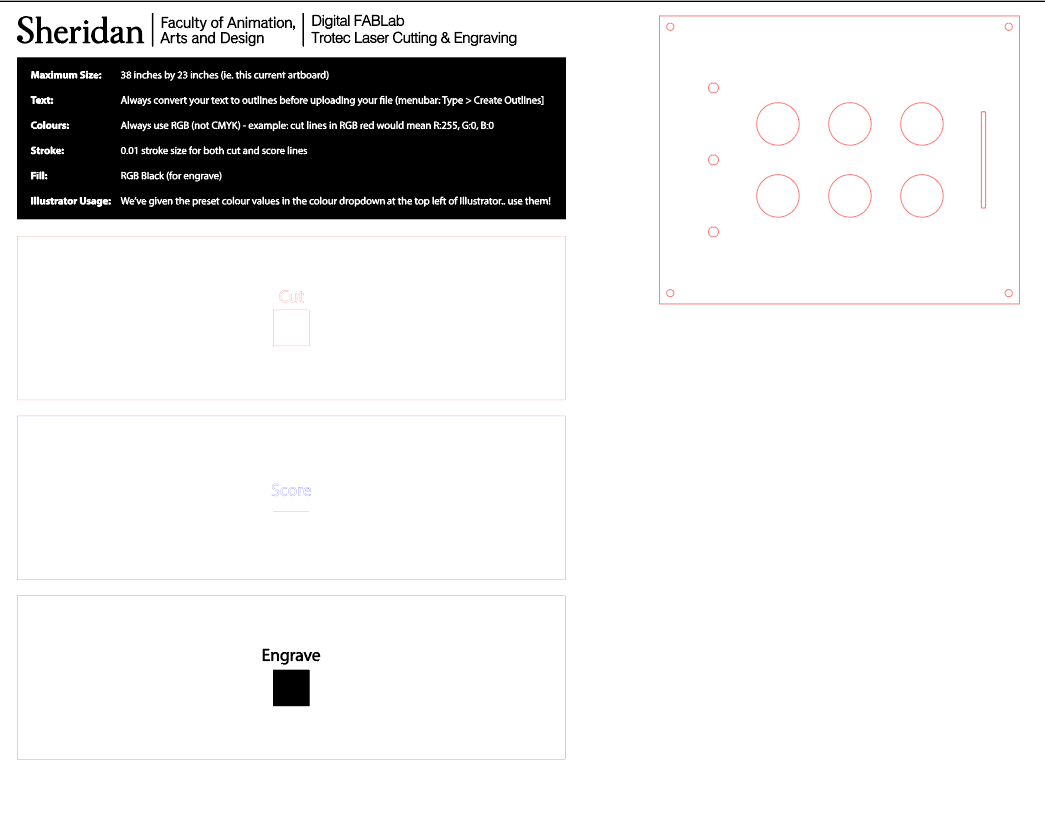 I refined my Illustrator laser cutting file with accurate holes for buttons, potentiometers, spacers, and layout alignment before booking the laser cutting appointment.
